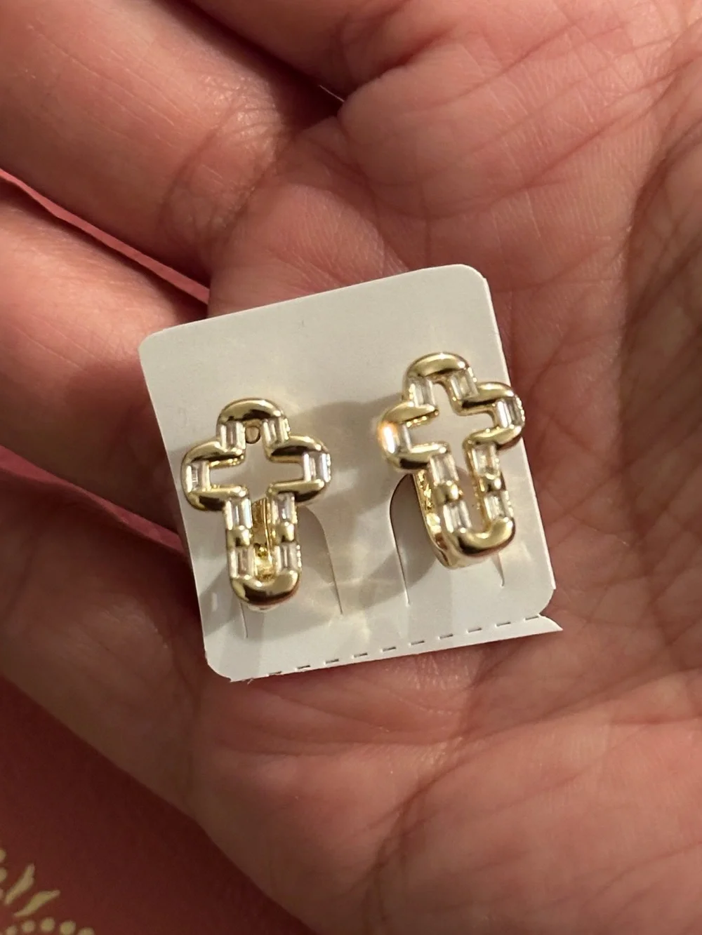 Gold Cross Huggie Earrings Religious 14kGP